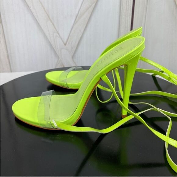 Schutz Cloe Ankle Wrap‎ Heels Neon Green 7 Clear Toe Strap Open Toe - Picture 4 of 11